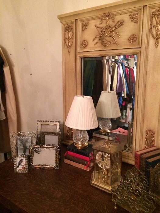 Decorative mirror, dresser sets, frames, lamp, & clock