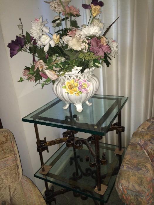 One of two 2-tier glass & iron end tables; Italian vase with arrangement
