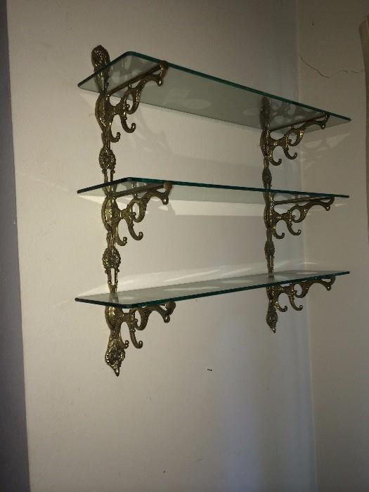     Three-shelf glass & brass wall unit