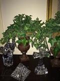 Decorative urns; crystal elephant, pyramid, & cross