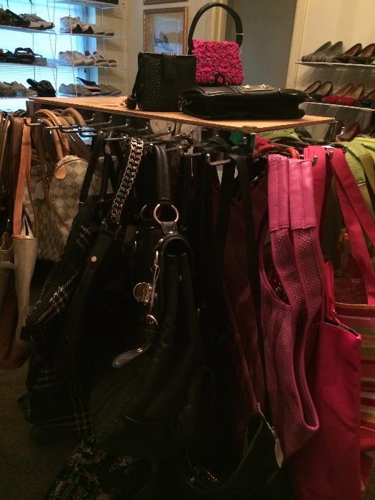 Large assortment of purses, evening bags, & shopping bags
