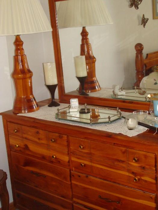 Solid Cedar wood Bedroom Suite featuring Chest, Bed and mirrored Dresser notice the Cedar Lamp in this pic as well