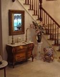 Antique Mirror, Marble Top Gilt Bombe Chest, Pedestal, Chinese Porcelain Fish Bowl, etc.