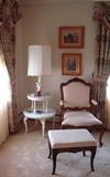 Bergere, Ottoman, Two Tier Metal Table w/marble tops