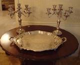 Reed and Barton Winthrop Silverplate Serving Tray,Silverplate Candelabra, Serving Cart w/ drop leaves