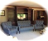 Blue tufted loveseat with two matching chairs Arhaus furniture SOLD