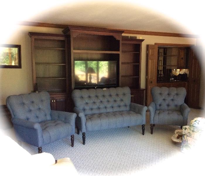  Blue tufted loveseat with two matching chairs Arhaus furniture         SOLD