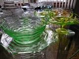 Wavy Depression Fruit Bowl, Under Plate. Vaseline Glass Candlesticks 