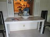 marble top console table, 2 Asian inspired side chairs