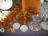 Amber glass stemware, bowl, candlesticks, etc.