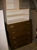Stacking drawer units (brown) and white shelves
