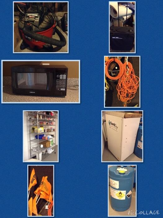 Shop Vac, dehumidifier, shelving, microwave, extension cords, etc.