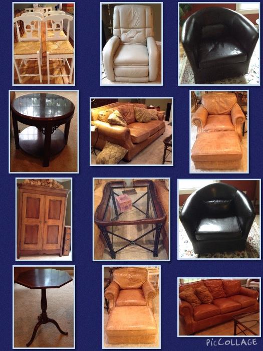 Furniture, message chair, swiveling chairs, 2 leather sofas and chairs with ottomans, end tables, etc.