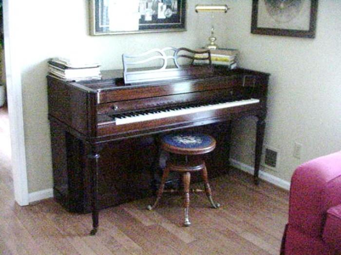 Acrosonic piano, spinet style with antique piano stool