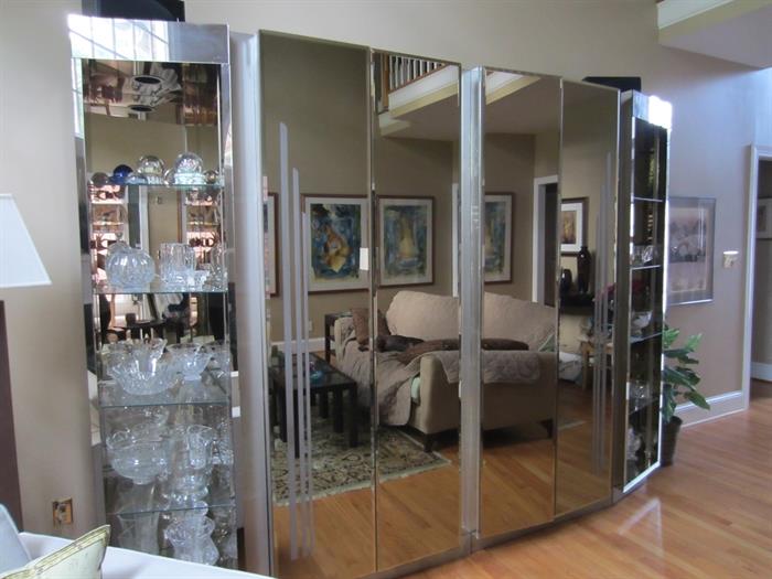 Stunning Mirrored Wall Unit - 4 sections - 2 on the ends are lighted and for displaying. One is a bar and one is space for a media center.