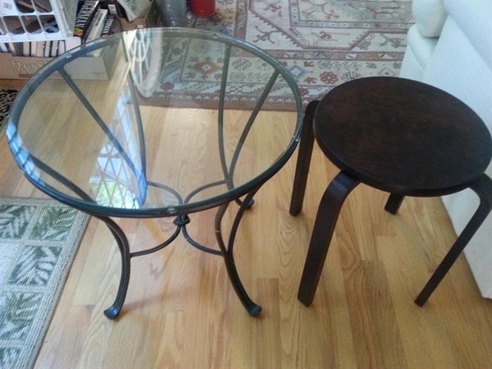 Metal and glass table and wood table