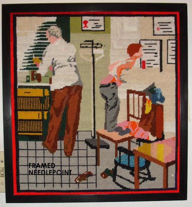 Framed Needlepoint after Norman Rockwell