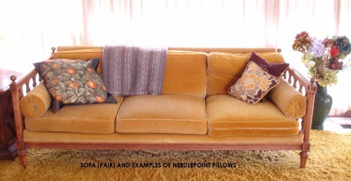 Sofa pair (only one shown)and needlepoint pillows