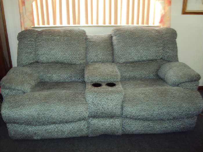 Theater seating sofa, dual recliners