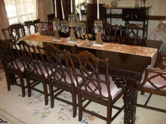 8 Ft OR 10 foot Henredon "Chinese Chippendale table with 12 matching chairs--