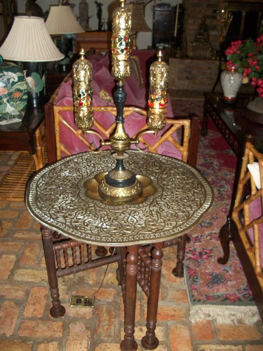one of five antique brass tables available and notice that lamp!  That lamp is old, brass, and FUN!