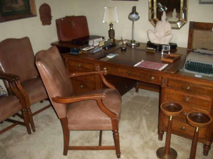 suite of lawyer furniture including leather chairs, partner's desk and notice the 1960's ash trays