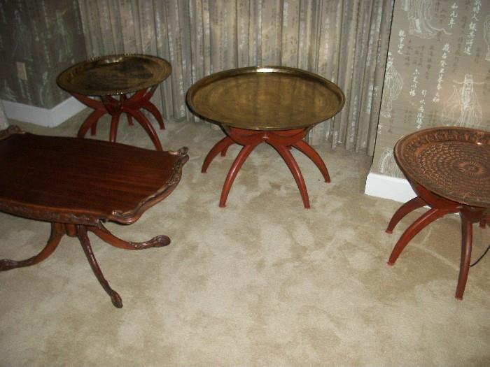 three brass tray tables and a heavily carved Rosewood low  table