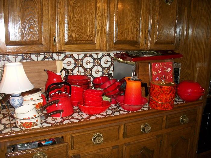 tons of red enamel ware--much is retro