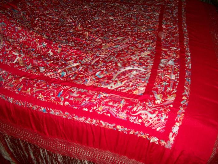 Many fine linens including this GIGANTIC Silk embroidered shawl 