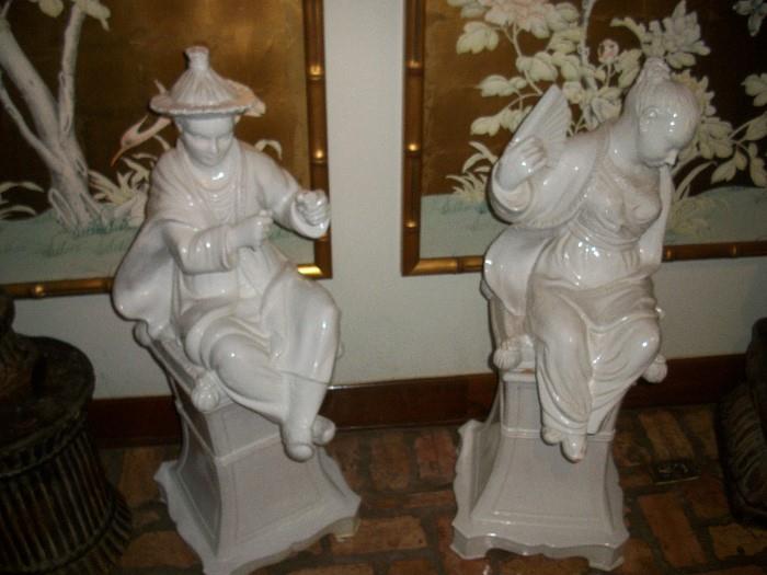 white glazed Asian figurines--pair