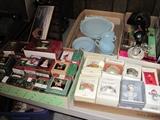 Collectible vintage Hallmark Christmas ornaments and Turquoise Blue Fire-King dishes