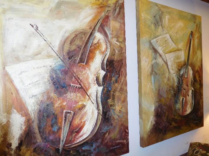 Two large oil paintings of violins