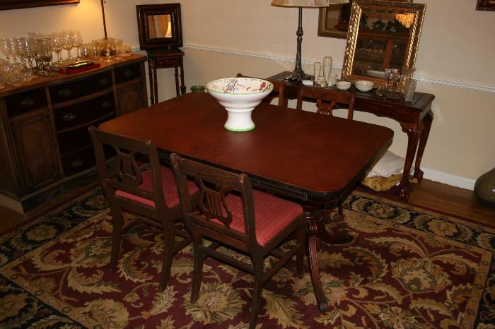 Duncan Phyfe style dining table & chairs - large burgundy, cream, black rug