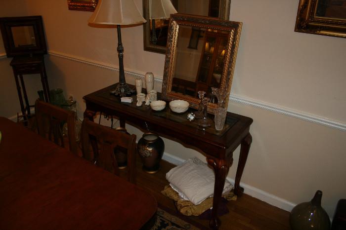 Glass top console table, mirrors, lamp