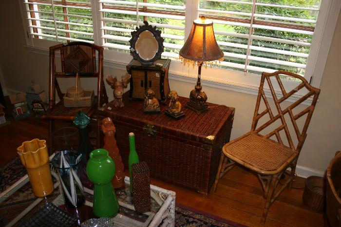 Large wicker & glass top coffee table, wicker trunk, bamboo chairs, large glass & ceramic vases & bottles, cute elephant lamp