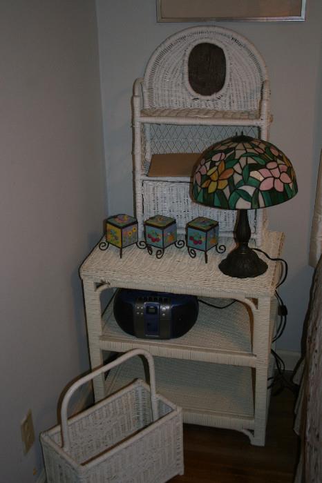 Wicker end table, shelf, magazine basket, Tiffany style lamp
