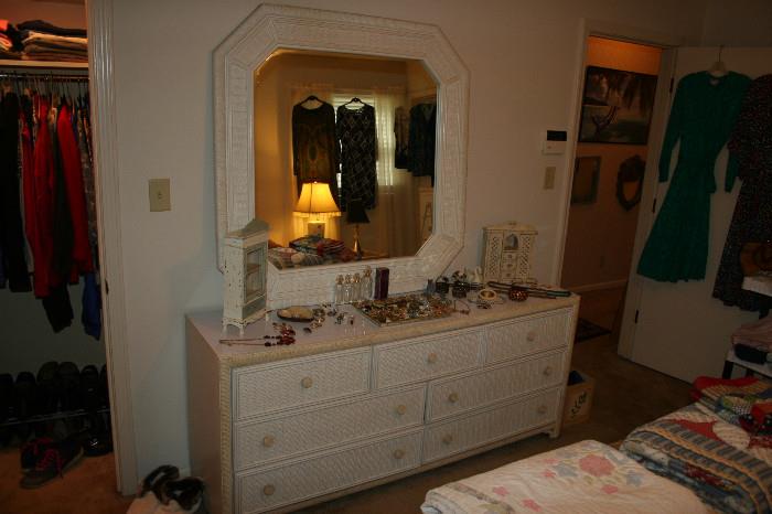Wicker dresser & large mirror, costume jewelry 
