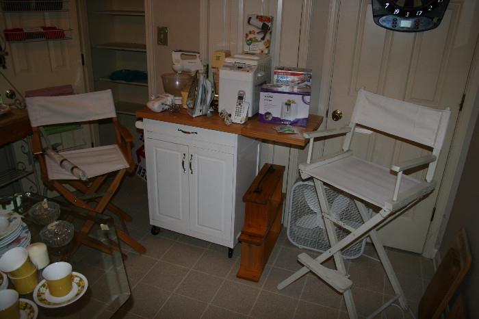 Director chairs with new covers, rolling kitchen island with folding wood top
