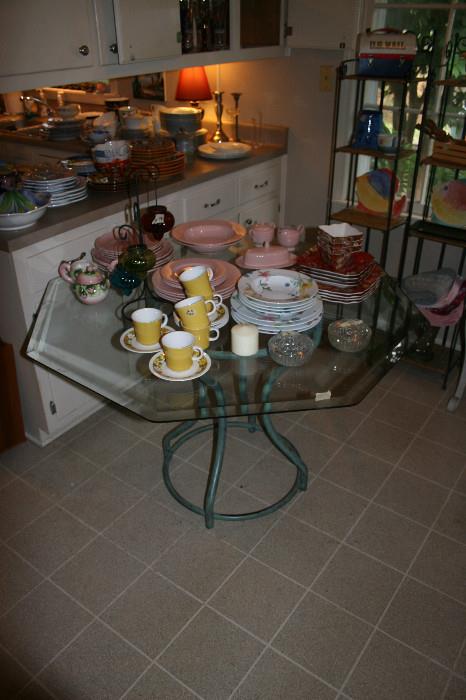 Glass top kitchen table, Mikasa pink china set & yellow coffee cup set