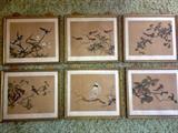 Set of 6 hand painted on silk Chinese paintings, foxing on white silk boarder.