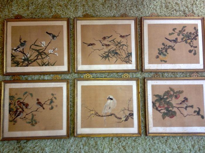 Set of 6 hand painted on silk Chinese paintings, foxing on white silk boarder.