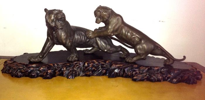 Huge Japanese  Meiji period bronze tigers on wood carved base, Over 27" long 