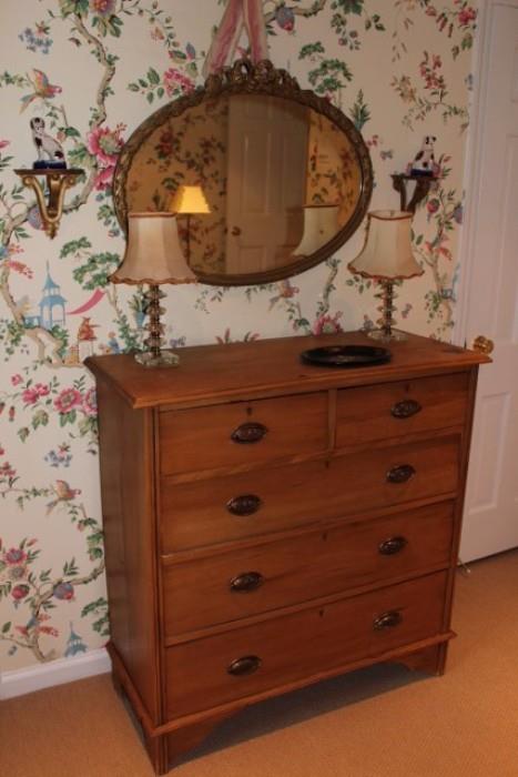 Dresser, Pair Small Lamps and Mirror
