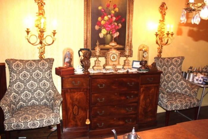 Crotch Mahogany Server, Pair Upholstered Chairs, Sconces, Painting, Loads of Decorative Items