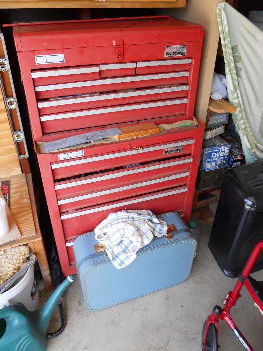 Home Storage Tools Chest on Rollers, Several Drawers with hundreds of Tools inside, Blue Suitcase, Watering Can