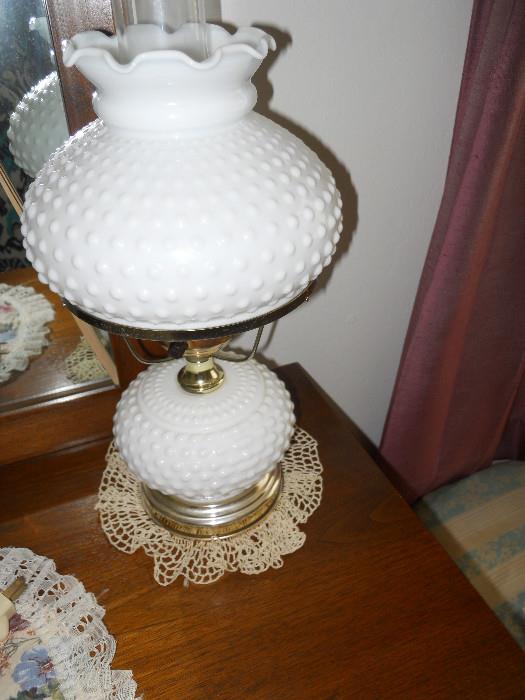 Milk Glass Table Lamp, decorative Doilies