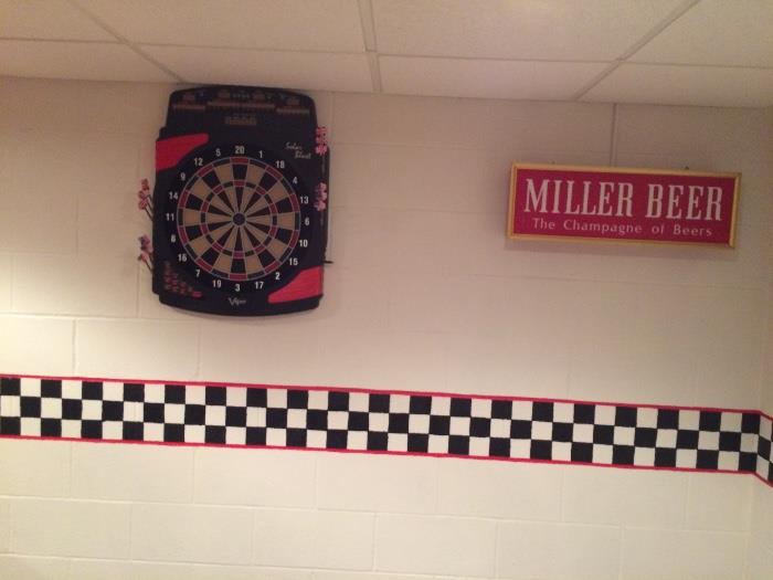 Dart board with electronic score; Miller beer light