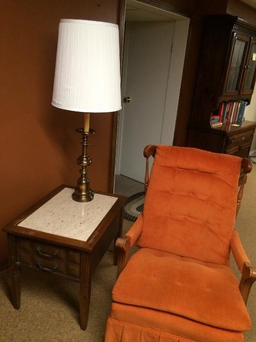Retro cherry wood rocker with orange upholstry; one of three in a set of tables with marble inserts; Telcity lamp