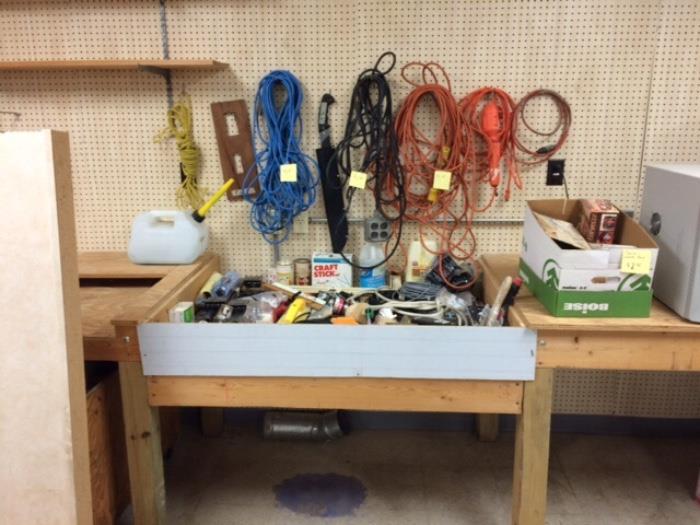 $.25 bin, rope, drop cords, electric train, and much more.