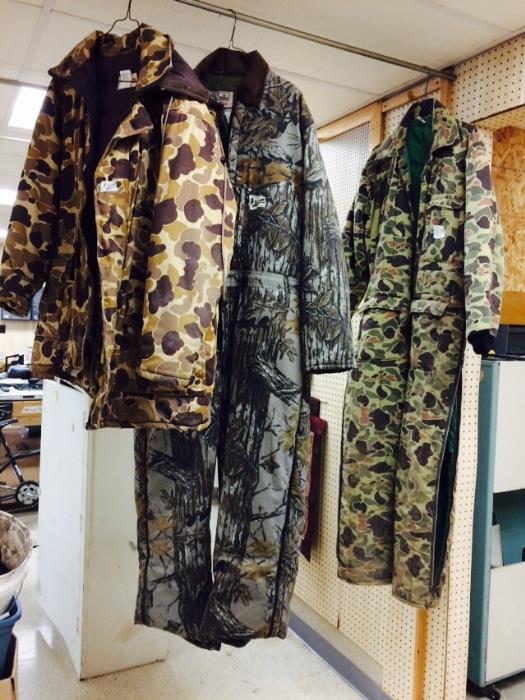 Camouflage winter coat and two pair of coveralls